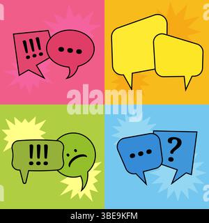 Ensemble de quatre bulles de parole de communication sur des fonds colorés. Illustration vectorielle Illustration de Vecteur