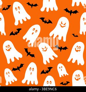 Motif Halloween sans couture avec fantômes et chauves-souris ludiques sur un fond orange vif Illustration de Vecteur