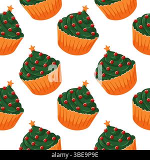 Modèle sans couture avec cupcake festif décoré comme un arbre de Noël avec glaçage vert dans le style de bande dessinée. Parfait pour la conception de vacances, carte et Illustration de Vecteur