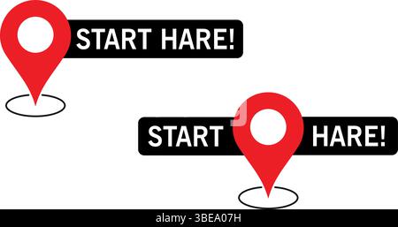 icône d'épingle de localisation rouge avec texte de début lièvre sur la bannière noire utilisée pour les cartes, la navigation ou la conception de guidage Illustration de Vecteur