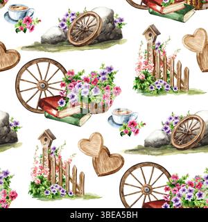 Motif rustique sans couture. Illustration d'aquarelle dessinée à la main isolée sur fond blanc Banque D'Images