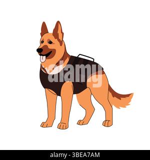 Illustration de style plat d'un berger allemand portant un gilet noir de chien de service. Parfait pour les thèmes liés aux chiens policiers, aux unités K9, aux animaux d'assistance Illustration de Vecteur