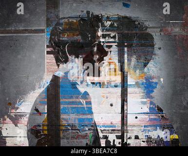 Portrait grunge abstrait d'un homme d'affaires avec des éclaboussures et des textures dynamiques. L'œuvre présente un mélange de teintes noires, bleues, blanches et rouges. Le BA Banque D'Images