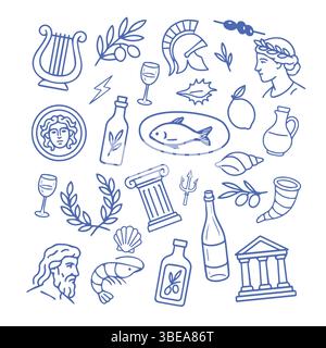 Collection de doodle d'inspiration grecque avec des symboles mythologiques, nourriture, vin, huile d'olive, couronnes de laurier, dieux, et architecture en bleu et blanc pur Illustration de Vecteur