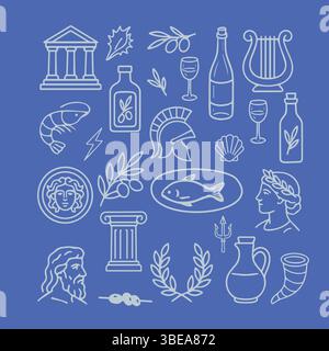 Collection de doodle d'inspiration grecque avec des symboles mythologiques, nourriture, vin, huile d'olive, couronnes de laurier, dieux, et architecture en bleu et blanc pur Illustration de Vecteur