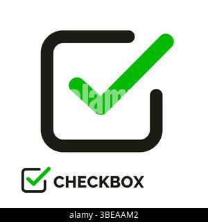 Cochez l'icône dans un style plat. Symbole de coche carrée verte isolé sur blanc. Icône cochée ou signe de choix correct. Pictogramme de coche ou de case à cocher. Vecto Illustration de Vecteur
