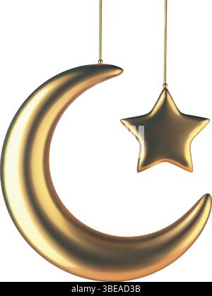 Vecteur Ramadan croissant de lune dorée et étoile suspendue. Ramadan Kareem carte de voeux 3D. Illustration vectorielle Eid Mubarak 3d, symbole Ramadan doré Illustration de Vecteur