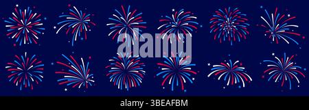 Feux d'artifice USA, icônes de feux d'artifice du 4 juillet, bleu et rouge Illustration de Vecteur