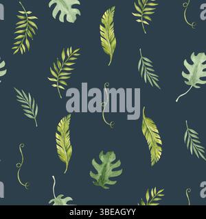 Tropical Leaves Seamless Pattern sur un fond bleu foncé. Palmier, eucalyptus et Monstera avec Liana. Illustration botanique dessinée à l'aquarelle à la main Banque D'Images