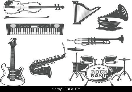 Ensemble de vecteur de conception de tatouage d'instrument de musique - icônes de groupe de rock et éléments de musique vintage - guitare, piano, dj set, violon, trompette, vecteur harmonium Illustration de Vecteur