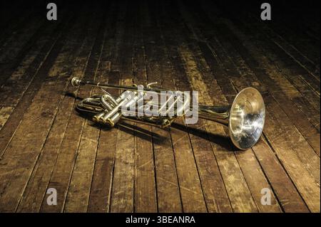 La trompette en laiton blanc repose sur une scène en bois Banque D'Images