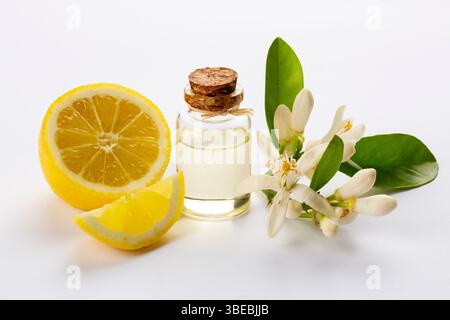 Huile essentielle d'agrumes fraîche. Bouteille d'huile de citron avec des fruits citrons Banque D'Images