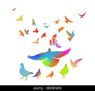 Silhouettes volantes d'oiseaux colorés sur fond blanc. Illustration vectorielle. vol isolé d'oiseaux. motif tatouage. Illustration de Vecteur