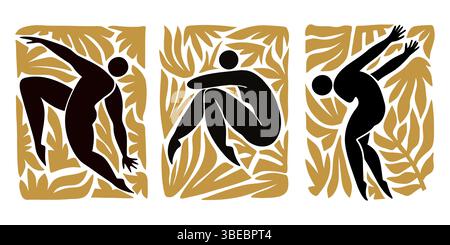 Ensemble d'illustration vectorielle dans le style d'Henri Matisse, mettant en vedette des silhouettes humaines abstraites dans un design audacieux découpé entouré de feuilles abstraites Illustration de Vecteur