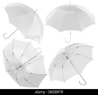 Maquette de parapluie blanche, angles multiples. Rendu 3D isolé sur fond blanc Banque D'Images