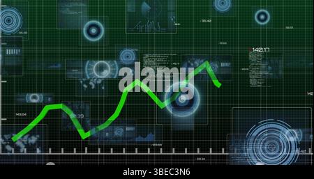Image du traitement des données avec une ligne verte sur les oscilloscopes scannant sur fond noir Banque D'Images