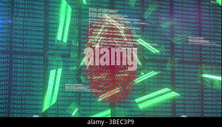 Affichage d'une empreinte rouge survolant l'écran de cybersécurité, avec code vert et barres de néon Banque D'Images