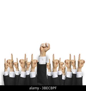 Groupe de mains de businesspeople montrant des gestes sur fond de bois Banque D'Images