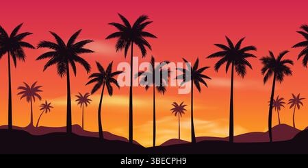 Fond tropical horizontal sans couture avec silhouette de palmiers contre ciel de coucher de soleil rouge vif. Illustration vectorielle. Voyage d'été, bannière de club de plage desi Illustration de Vecteur