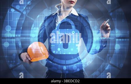 La cybersécurité et la protection numérique réseau concept. Mécanisme de verrouillage virtuel pour accéder aux ressources partagées. Écran de contrôle virtuel interactif avec pa Banque D'Images