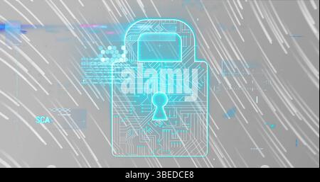 Traitement des données sur cadenas de sécurité sur traînées lumineuses tombant sur fond gris Banque D'Images