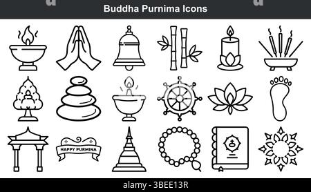 Buddha purnima icônes set design d'art au trait Illustration de Vecteur