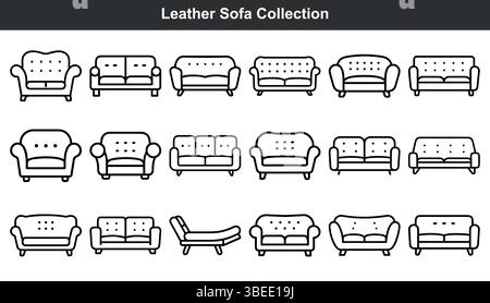 Collection de canapés en cuir divers styles ligne icônes d'art Illustration de Vecteur