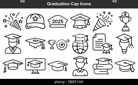 Les icônes de chapeau de graduation définissent la collection de symboles d'éducation Illustration de Vecteur