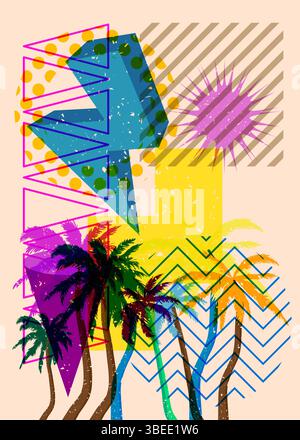 Risograph Palm Tree avec des formes géométriques. Les objets dans le graphique riso à la mode impriment la conception de style de texture avec des éléments géométriques. Illustration de Vecteur