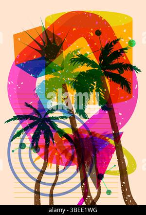 Risograph Palm Tree avec des formes géométriques. Les objets dans le graphique riso à la mode impriment la conception de style de texture avec des éléments géométriques. Illustration de Vecteur