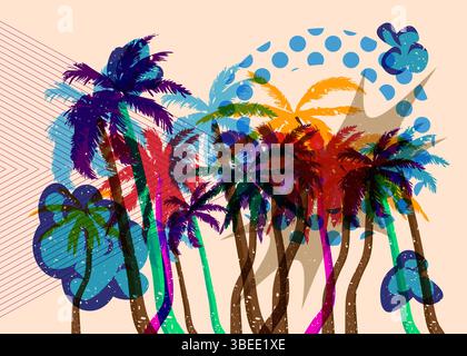 Risograph Palm Tree avec des formes géométriques. Les objets dans le graphique riso à la mode impriment la conception de style de texture avec des éléments géométriques. Illustration de Vecteur