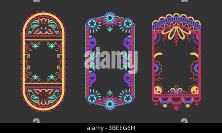 Cadre décoratif mexicain vibrant bordures sur fond sombre. Style picado papel traditionnel avec des motifs floraux colorés, des crânes. Rectangles ornementaux festifs pour les éléments de conception de célébration. Illustration de Vecteur