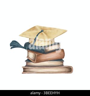 Illustration aquarelle élégante de chapeau de graduation et pile de livres. Idéal pour les invitations à l'obtention du diplôme, les célébrations académiques et la conception éducative Banque D'Images