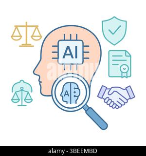 Loupe avec coche et icônes commerciales sur fond bleu clair symbolisant le processus de vérification et d'audit Illustration de Vecteur