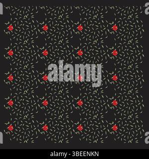 Motif floral élégant avec fleurs rouges et feuilles vertes sur fond noir Illustration de Vecteur