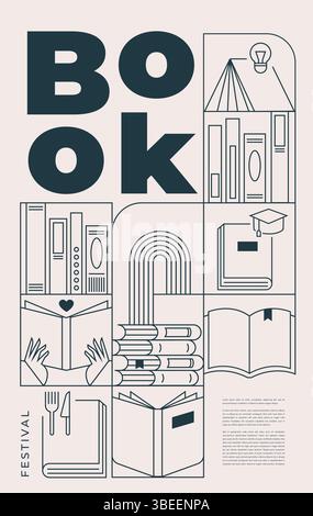 Affiche du salon du livre pour la publicité. Affiche verticale pour le salon du livre avec différents livres. Modèle de publicité pour librairie, librairie, bibliothèque. Illustration de Vecteur