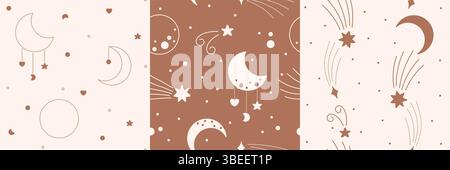 Motifs sans couture Boho Baby. Couleurs neutres de genre images répétées avec croissants et feuilles kawaii, cœurs, étoiles. Illustration de Vecteur