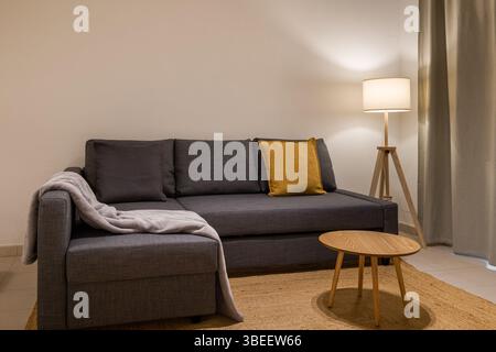 Salon minimaliste avec canapé gris en forme de l, oreiller moutarde lumineux, table basse en bois et lampadaire Banque D'Images
