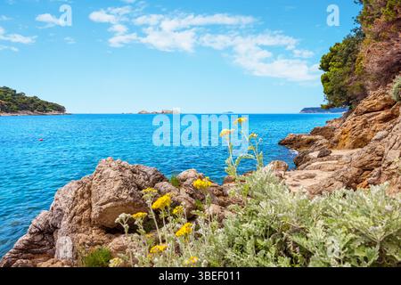 Vue panoramique sur la côte rocheuse de la mer Adriatique. Dubrovnik, Croatie Banque D'Images