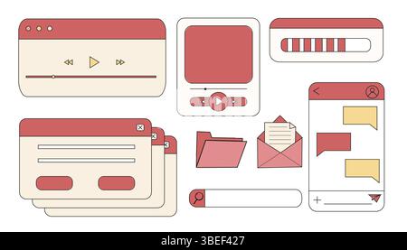 Cadre de navigateur de fenêtre rétro interface y2k doodle vieille bordure, chat ou boîte de dialogue, boîte de recherche de joueur. Écran d'interface utilisateur de bureau esthétique vintage. . Illustration vectorielle Illustration de Vecteur