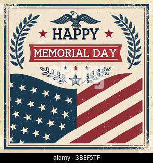 Vintage Memorial Day Poster Vector – drapeau américain en détresse, aigle, Laurel, Patriotic Design Illustration de Vecteur