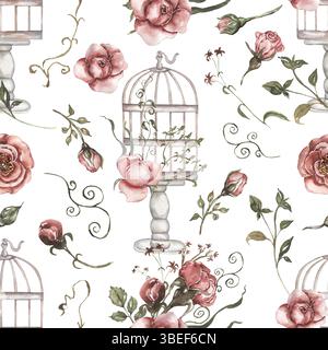 Cages à oiseaux vintage aquarelle avec motif sans couture de fleurs roses, papier de répétition de fleurs de jardin Banque D'Images