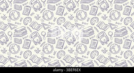 Retour à l'école Doodle motif sans couture. Esquisse objet stationnaire de crayon, stylo, livre, sac à dos, règle, globe sur un fond beige. Illustration de Vecteur
