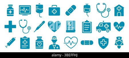 Jeu de symboles d'icône de style dessiné à la main pour soins de santé. Collection d'icônes de dessin médical. Pack logo médecin hospitalier. Illustration vectorielle. Isolé sur Illustration de Vecteur