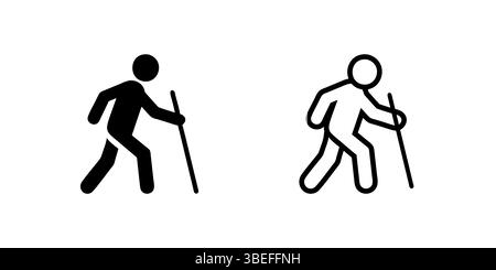 Homme marchant avec Stick Icon Collection dans les styles de contour et de glyphe. Représente le soutien ou les soins aux personnes âgées. Parfait pour la conception de soins de santé. Illustration de Vecteur