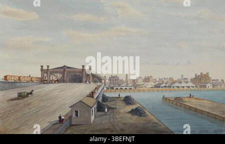 Cette aquarelle de David J. Kennedy représente le pont de Market Street (Schuylkill permanent Bridge) sur la rivière Schuylkill à Philadelphie. Le premier pont a été construit en 1805 et modifié en 1850 avant d'être détruit par un incendie en 1875. Banque D'Images