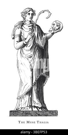 Cette gravure sur bois de 1851 représente Thalia, une des Muses de la mythologie grecque, associée à la comédie et à la poésie idyllique. L'illustration la capture dans le cadre d'une plus grande série sur les Muses et les figures féminines légendaires. Les Muses étaient filles de Zeus et symbolisaient les arts et l'inspiration. Banque D'Images