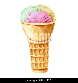 Aquarelle illustration dessinée à la main avec trois boules de citron, fraise, crème glacée à la pistache dans un cône de gaufre. Journée nationale de la crème glacée. Peut être utilisé sur Banque D'Images
