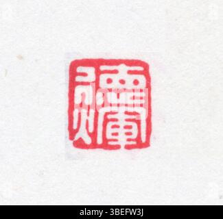 Cette image représente un sceau chinois simplifié, couramment utilisé dans la calligraphie et l'art chinois pour marquer l'authenticité ou la paternité. Le sceau est gravé de caractères chinois dans une forme compacte et stylisée. Banque D'Images