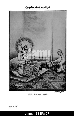 Cette illustration de 1909 tirée de « The Sikh religion » de Max Arthur Macauliffe montre Guru Angad avec un de ses élèves, représentant l'éducation et la tradition spirituelle sikhe primitives. Banque D'Images